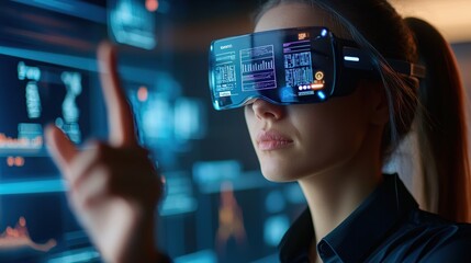 Poster - Woman Using Futuristic Virtual Reality Headset Exploring Data Visualization