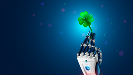 Poster - AI robot hand holds a four-leaf clover, symbol of good luck. Online bot brings good luck on betting, gambling and trading exchanges. Four leaf clover in arm humanoid cyborg or ai robot. internet bot.