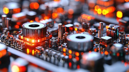 Poster - Futuristic Technology Circuit Board Abstract Design Glowing Orange Metal Components