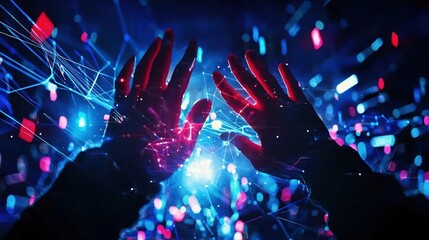 Poster - Digital Hands Reaching Through Network Connections Futuristic Technology Abstract Art