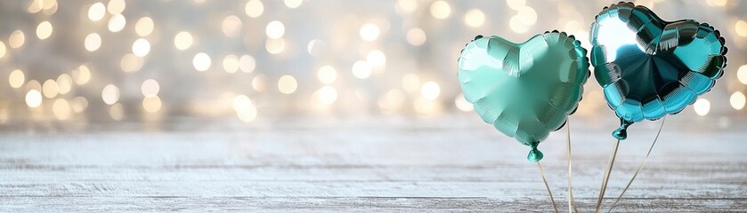 Poster - Two Heart Shaped Balloons in Teal and Mint Colors Against a Soft Bokeh Background for Celebration Decor
