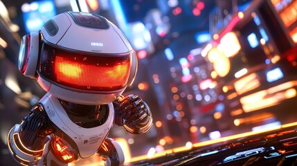 Poster - futuristic robot in vibrant cityscape night lights glow
