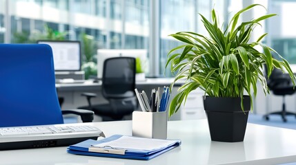 Poster - Modern Office Workspace Desk Plant Keyboard Documents