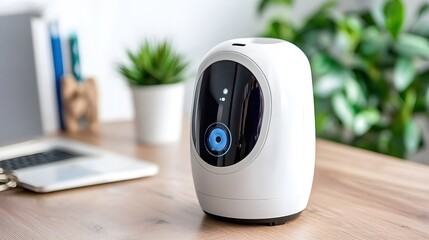 Poster - Modern White Air Purifier on Wooden Desk Minimalist Home Office Setup Clean Air Technology