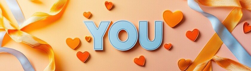 Poster - Vibrant and Bold Design Featuring YOU Surrounded by Orange Hearts and Ribbons on a Warm Background