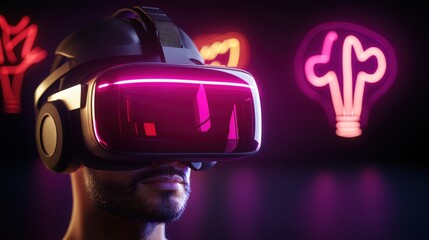 Poster - Man Immersed in Virtual Reality Headset Neon Lights Background