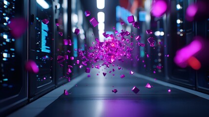 Poster - Purple Data Fragments Exploding in Modern Server Room
