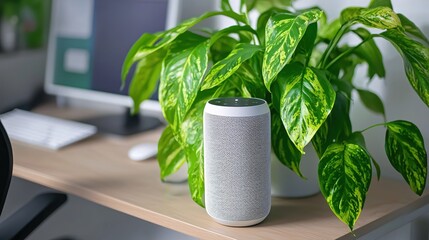 Poster - Modern Home Office Setup Smart Speaker and Plant
