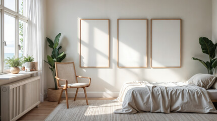 Wall Mural - a bedroom with a white bed, a chair, and a window