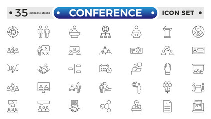 Wall Mural - Conference set of web icons in line style. Live webinar icons for web and mobile app. Containing conference, business meeting, classroom, team, interview, meeting, work. Editable stroke outline icon.