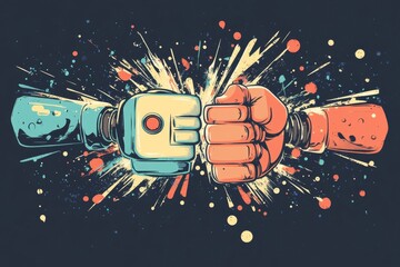 Wall Mural - Human Hand And Robot Making Fist Bump, 