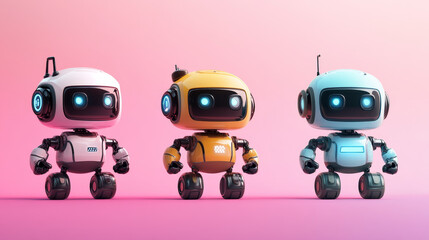 Poster - Robot characters, cartoon toys and future cyborgs, vector kids game mascots. Retro and modern robots and machine monsters, space machine androids with digital, face display, humanoid on wheel legs