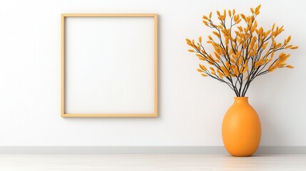 Wall Mural - Minimalist Home Decor Mockup Orange Vase and Yellow Flowers Against White Wall