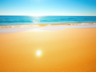 The sun shining down on a sandy beach with crystal-clear waters, natural hues, sunny day, clear water, beach landscape