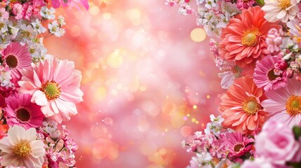 Poster - Bright blossoms in shades of pink, orange, and white frame a gentle pink background. This enchanting floral arrangement brings a cheerful and uplifting ambiance, perfect for celebrations