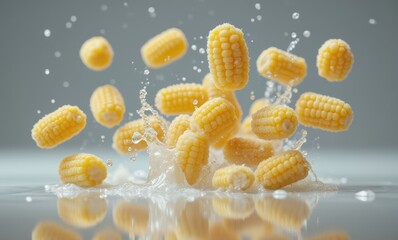 Wall Mural - Fresh corn kernels splashing in water