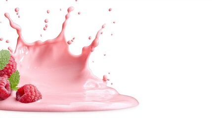 Wall Mural - pink raspberry yogurt splash with fresh raspberries and mint