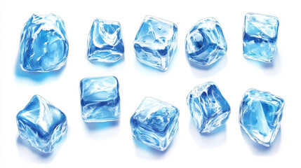 Poster - Game asset of blue ice crystal buttons, cartoon vector set. Menu interface of iced textured blocks and cubes, ui gui graphic elements. Frozen slider, isolated arrow and cross. User panel interface