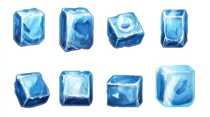 Poster - Game asset of blue ice crystal buttons, cartoon vector set. Menu interface of iced textured blocks and cubes, ui gui graphic elements. Frozen slider, isolated arrow and cross. User panel interface