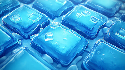 Poster - Game asset of blue ice crystal buttons, cartoon vector set. Menu interface of iced textured blocks and cubes, ui gui graphic elements. Frozen slider, isolated arrow and cross. User panel interface