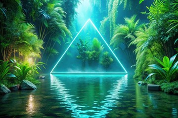 Wall Mural - Ethereal Glow Illuminates Lush Tropical Paradise with a Mystical Triangular Frame Reflected in Still Water