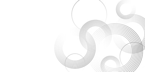 Poster - Abstract white background with black circle rings. Spiral sound wave rhythm line and dots dynamic abstract background, Vector illustration design for presentation, banner, cover, poster, texture Etc.	