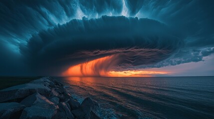 Aufkleber - A powerful waterspout begins to take shape over the calm sea, as dark clouds swirl dramatically above, illuminated by vibrant sunset hues
