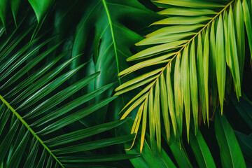 Poster - Vibrant tropical palm leaves overlapping in lush green foliage