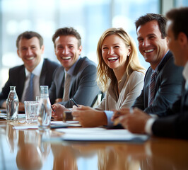 group of business people sitting around a table, laughing in a conference room with large windows.