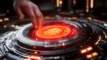 Poster - Hand activating futuristic interface; tech background