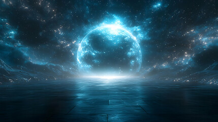Wall Mural - Glowing blue sphere over dark landscape, night scene, reflective surface