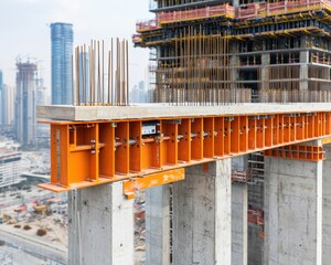 A construction site featuring a concrete beam with steel reinforcement, showcasing the framework of a high-rise building under development.