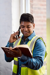 Aufkleber - Engineer, phone call and notebook for construction planning, agreement and schedule negotiation. Talking, Indian man and building contractor with mobile technology for architecture compliance report