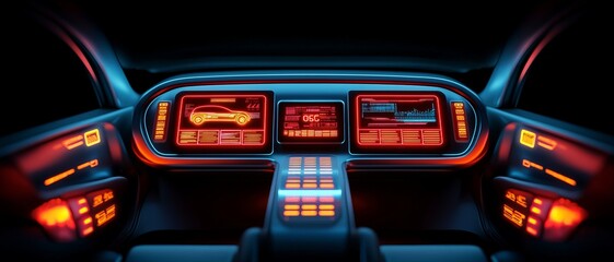 Poster - Technology with Wealth concept. Futuristic car dashboard with vibrant, glowing screens and controls.