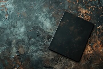 Poster - Black tablet is lying on grunge textured background with copy space, perfect for mockups and presentations
