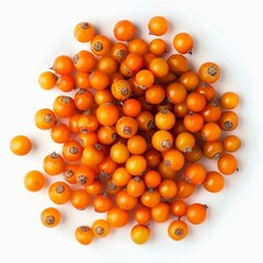 Wall Mural - Ripe sea buckthorn berries forming a vibrant and healthy pile on a clean white background, showcasing their natural beauty