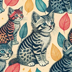 Wall Mural - Adorable Kittens Seamless Pattern Vintage Style Cats with Colorful Leaves Background Illustration