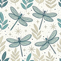 Wall Mural - Elegant Dragonfly and Botanical Seamless Pattern Teal Beige and White Design