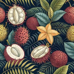 Wall Mural - Exotic Tropical Fruits Seamless Pattern Rambutan Lychee and More