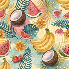 Wall Mural - Vibrant Tropical Fruit Seamless Pattern Bananas Watermelon Coconut Figs Citrus