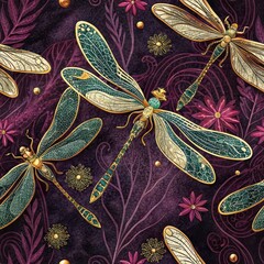 Wall Mural - Elegant Dragonflies on Purple Floral Background Seamless Pattern Design