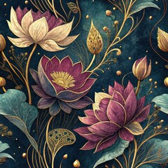 Wall Mural - Elegant Gold Accented Lotus Flowers on Teal Background Floral Botanical Seamless Pattern Design