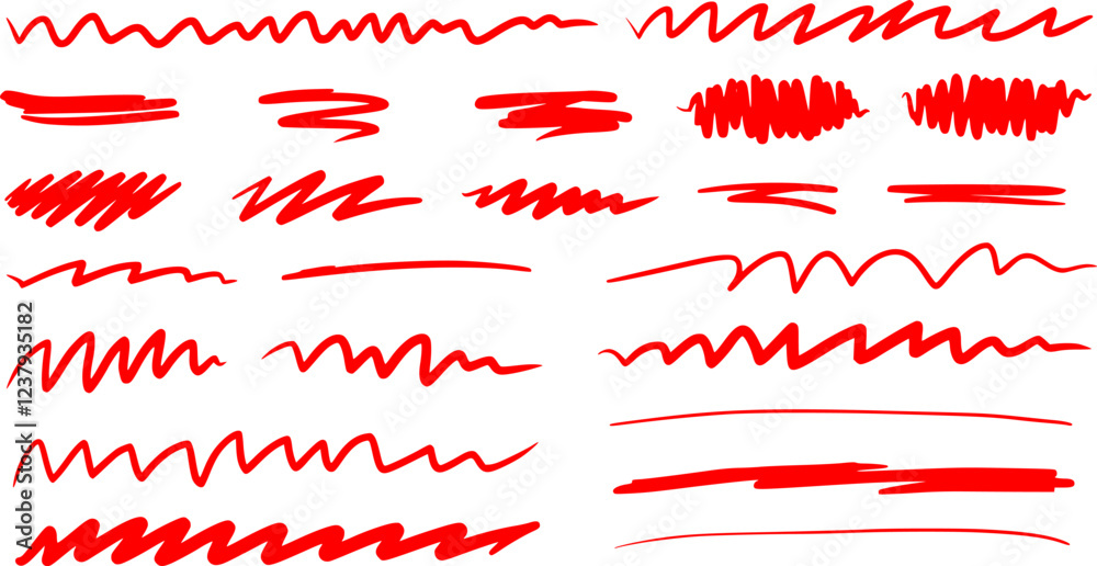 Red marker underline brush stroke set. Marker red pen highlights ...