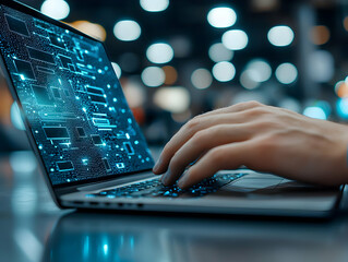 Poster - Man working on laptop, data flows, bokeh background, tech work