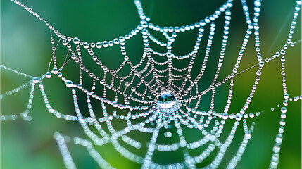 close up of dew drops glistening on spider web, showcasing nature beauty and intricate design