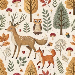 Wall Mural - Autumn Woodland Animals Seamless Pattern Deer Fox Owl Trees and Fall Leaves Illustration