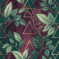 Wall Mural - Lush Green Burgundy Botanical Leaves Seamless Pattern with Geometric Gold Triangles