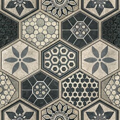 Wall Mural - Elegant Hexagonal Tile Pattern Geometric Mosaic Floor Design in Black and Beige