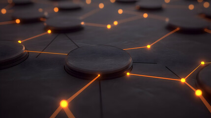 Poster - network nodes connect, glowing, dark background. tech illustration