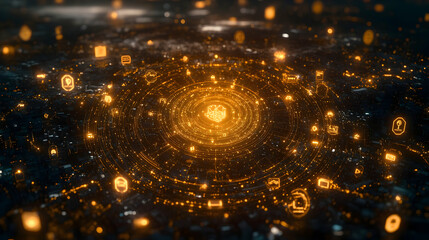 Poster - Golden data network, digital city, glowing icons